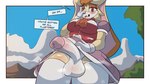 anthro balls blush bodily_fluids bottomwear clothed clothing clothing_lift dialogue erection genitals gynomorph hi_res intersex lagomorph legwear leporid low-angle_view mammal musk partially_clothed penis rabbit rilesthecat sega skirt skirt_lift sonic_the_hedgehog_(series) steam sweat talking_to_viewer thigh_highs vanilla_the_rabbit