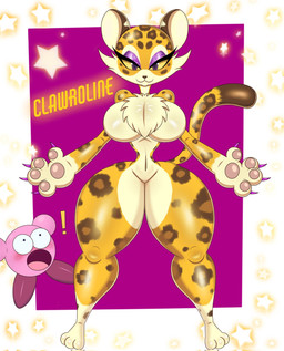 4_fingers anthro big_breasts breasts brown_spots cat_smile cheek_tuft chest_tuft claws countershading dipstick_tail duo exclamation_point eyeshadow facial_tuft featureless_breasts featureless_crotch female fingers fur looking_at_another looking_at_viewer makeup male markings navel orange_body orange_fur pawpads pink_body purple_background purple_claws purple_eyes purple_eyeshadow simple_background small_waist sparkles spots spotted_body spotted_fur star tail tail_markings thick_thighs tuft white_background white_body white_fur wide_hips yellow_sclera drawsfigures kirby_(series) kirby_and_the_forgotten_land nintendo clawroline kirby felid leopard mammal pantherine waddling_head hi_res
