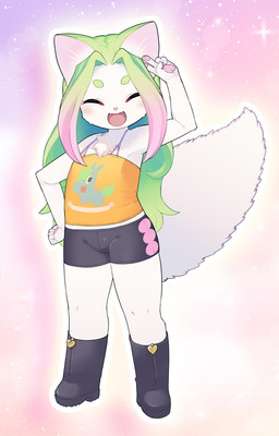 abstract_background anthro big_tail biped clothed clothing eyes_closed female flat_chested footwear fur green_hair hair long_hair multicolored_hair pink_background pink_hair shoes simple_background smile solo spats tail topwear tube_top white_body white_fur young dangan two_beasts_or_not_to_beast mei_sugaki domestic_cat felid feline felis mammal official_art adult_(lore)