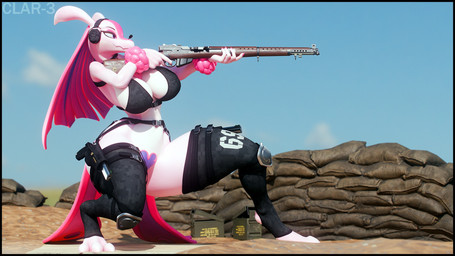 anthro belt big_breasts black_bra black_clothing black_legwear black_thigh_highs black_underwear blue_sky blurred_background bottomless bottomless_anthro bottomless_female bra breasts cleavage clothed clothing cloud colored_nails crouching day digitigrade electronics female gun headphones holding_gun holding_object holding_ranged_weapon holding_weapon holster knee_pads legwear maebari nails navel non-mammal_breasts non-mammal_navel outside palmorph pink_body pink_nails pseudo_hair purple_eyes ranged_weapon scrunchie sky solo thick_thighs thigh_highs underwear weapon wide_hips thenicedragon mayosplash_(modeler) palworld pocketpair lovander pal_(species) scalie 16:9 3d_(artwork) digital_media_(artwork) full-length_portrait hi_res portrait watermark widescreen