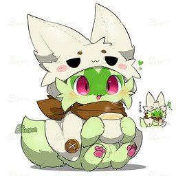 ambiguous_gender beverage blush brown_kerchief brown_neckerchief cheek_tuft clothing coffee coffee_mug cosplay costume cute_fangs eyes_closed facial_tuft fangs feral fur green_body green_fur green_tail hat headgear headwear heart_symbol holding_object kerchief neckerchief neckwear open_mouth open_smile pawpads paws pink_eyes pink_pawpads short_tail simple_background sitting smile solo tail teeth text tongue tongue_out tuft white_background white_clothing white_hat white_headwear tontaro nintendo pokemon naa-kun_(tontaro) felid feline generation_9_pokemon mammal pokemon_(species) sprigatito 1:1 2025 digital_media_(artwork) japanese_text signature watermark