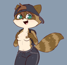 4_fingers anthro backpack bottomwear clothed clothing cute_fangs ear_piercing ear_ring fangs female fingers fluffy fluffy_tail green_eyes hat headgear headwear looking_at_viewer markings navel navel_piercing nipple_piercing nipples pants piercing ring_(marking) ring_piercing ringed_tail smile snaggle_tooth solo striped_markings striped_tail stripes tail tail_markings teeth topless topless_female ventral_groove e254e emily_(e254e) mammal procyonid raccoon absurd_res hi_res