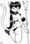 anthro butt clothing female fur hair lingerie long_hair looking_at_viewer looking_back melee_weapon polearm rear_view simple_background solo weapon white_background david_a_cantero grape_(greatdragonad) domestic_cat felid feline felis mammal 2015 hi_res monochrome