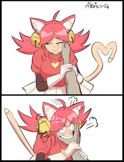 2_panel_comic accessory animal_ears antenna_hair bell bite biting_hand black_border blush border bottomwear cat_tail clothing constricted_pupils crazy_eyes cross-popping_vein dipstick_tail disembodied_hand duo fangs female female_humanoid first_person_view frilly frilly_bottomwear frilly_clothing frilly_skirt gloves green_eyes hair hair_accessory handwear inner_ear_fluff insane jewelry looking_away markings necklace offscreen_character pink_clothing puffy_sleeves pupils rubbing_cheek sharp_teeth short_hair skirt small_pupils tail tail_markings teeth tied_hair tuft white_clothing alexico26 deltarune undertale_(series) mad_mew_mew mew_mew_(undertale) pink_(deltarune) animal_humanoid felid felid_humanoid feline feline_humanoid humanoid mammal mammal_humanoid 2026 absurd_res digital_drawing_(artwork) digital_media_(artwork) hi_res
