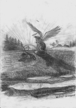 ambiguous_gender anthro death detailed_background duo farm feathered_wings feathers forest halo outside plant quadruped solo_focus sunset tail tree wings wood wolfred avian bird canid canine fox mammal absurd_res graphite_(artwork) hi_res monochrome traditional_media_(artwork)
