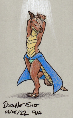 3_toes ambiguous_gender anthro arms_above_head brown_body brown_scales claws clothed clothing countershading cute_fangs dancing eyes_closed fangs featureless_chest feet panties scales smile solo tail tan_body tan_scales teeth toe_claws toes topless topless_ambiguous underwear ventral_scales doesnotexist bryce_daeless kobold scalie hi_res signature traditional_media_(artwork) male_(lore)