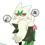 :3 ambiguous_gender anthro biped blush clothing cursed_image eyes_closed featureless_crotch fur green_body green_fur holding_clothing holding_object nude red_eyes shaking_object short_loop simple_background smile solo speech_bubble what white_background tontaro nintendo pokemon generation_9_pokemon meowscarada pokemon_(species) 1:1 2d_animation animated short_playtime