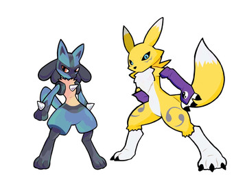 3_fingers ambiguous_gender anthro arm_tuft armwear biped black_body black_claws black_fur black_nose black_sclera blue_body blue_eyes blue_fur bridal_gauntlets cheek_tuft chest_tuft claws clothed clothed/nude clothing countershade_torso countershading double_tomoe duo eyebrows facial_markings facial_tuft fingers frown fur fur_markings head_markings leg_markings long_ears long_tail looking_aside looking_at_viewer markings mask_(marking) metallic_body neck_tuft nude pose purple_body purple_clothing purple_fur red_eyes shoulder_tuft simple_background slim spikes spikes_(anatomy) standing tail tan_body thick_thighs thigh_markings tomoe_(symbol) tuft white_background white_body white_countershading white_fur yellow_body yellow_fur yin_yang felixelgato_(artist) bandai_namco digimon nintendo pokemon canid digimon_(species) generation_4_pokemon lucario mammal pokemon_(species) renamon 4:3 colored crossover hi_res shaded