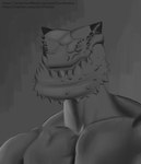 anthro big_chin close-up happy horn male muscular muscular_anthro muscular_male pecs simple_background small_horn smile solo teeth three-quarter_view seriftarkus capcom gigachad monster_hunter chatacabra humanoid absurd_res greyscale hi_res meme monochrome