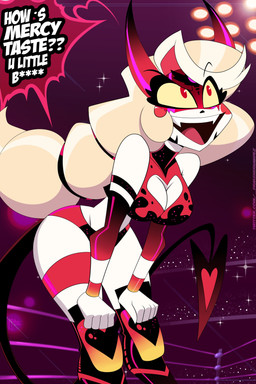 breasts eyebrows eyelashes female fighting_ring horn mask profanity red_eyes spade_tail sports_mask sportswear tail text white_body wrestling_mask wrestling_outfit drakehernandez hazbin_hotel hellaverse charlie_morningstar demon humanoid 2024 absurd_res english_text hi_res watermark