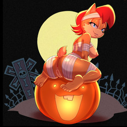 anthro anus areola bandage big_breasts black_nose blue_eyes breasts brown_body brown_fur cheek_tuft eyelashes facial_tuft feet female food fruit fur genitals hair holidays jack-o'-lantern kneeling looking_at_viewer looking_back looking_back_at_viewer mummy_costume mummy_wrappings nipples nude pink_areola pink_nipples plant pumpkin rear_view red_hair solo tan_body tan_fur thick_thighs tuft vulva wide_hips 1lastshadow1 halloween sega sonic_the_hedgehog_(series) sally_acorn chipmunk ground_squirrel mammal rodent sciurid hi_res
