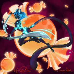 anthro candy dancing dessert fantasy food glowing melee_weapon solo sword weapon saberlinsla domestic_cat felid feline felis mammal 1:1 hi_res