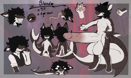 anthro balls big_balls big_penis black_hair black_text bodily_fluids clothed clothed_anthro clothed_male clothing countershading drooling ear_piercing eyebrows featureless_chest featureless_crotch fin fingers front_view genitals glans gradient_penis hair hair_over_eyes hand_on_hip huge_balls huge_penis humanoid_genitalia humanoid_penis hyper hyper_balls hyper_genitalia hyper_penis long_tongue male nude nude_anthro nude_male pawpads penis piercing pink_pawpads pink_tongue red_eyes saliva sharp_teeth shirt solo spiral spiral_eyes striped_body stripes tail tail_fin teeth text thick_tail tongue tongue_out topwear vein veiny_penis vest white_balls white_body white_clothing white_countershading white_inner_ear white_sclera white_shirt white_topwear kr4mpusk slender_(xslendershadowx) aquatic fish requiem_shark shark tiger_shark 2024 digital_media_(artwork) english_text full-length_portrait hi_res model_sheet portrait