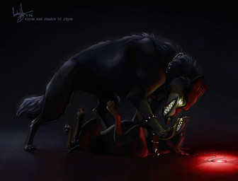 attack black_background collar digitigrade duo fangs feral fight glowstick growling humanoid_pointy_ears male pointy_ears quadruped simple_background snarling tail teeth unknown_artist unknown_artist_signature canid canine canis domestic_dog mammal wolf 2006 signature
