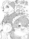 anthro blush clothed clothing crossdressing duo eyebrows maid_headdress maid_uniform male one_eye_closed text thick_eyebrows uniform wink mkz_kabeuchi lifewonders tokyo_afterschool_summoners nobumichi_(tas) otter_(tas) canid canine canis domestic_dog mammal mustelid otter 3:4 hi_res japanese_text monochrome