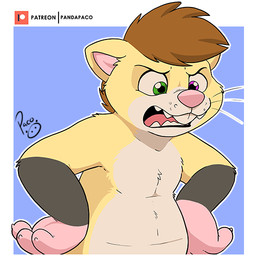 angry anthro blue_background brown_hair front_view fur glistening glistening_eyes gloves_(marking) green_eyes hair logo male male_anthro markings nude open_mouth pink_inner_ear pink_nose purple_eyes short_hair simple_background solo teeth whiskers white_body white_fur yellow_body yellow_fur young young_anthro young_male pandapaco pancake_(elpyromexicano) mammal surmelle 1:1 artist_logo half-length_portrait portrait signature
