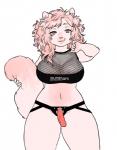 0phanim anthro belly big_breasts breasts clothing dildo domestic_cat dominant dominant_female felid feline felis female fishnet_clothing fur hair hi_res huge_breasts looking_at_viewer mammal sex_toy simple_background smile solo strapon thick_thighs wide_hips