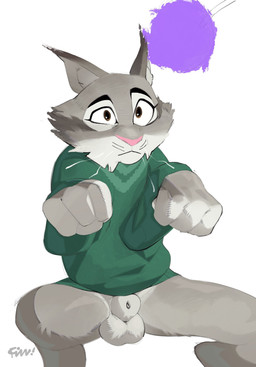 animal_genitalia anthro balls bottomless bottomless_anthro bottomless_male clothed clothing fully_sheathed fur genitals grey_body grey_fur male sheath simple_background solo spread_legs spreading sweater sweater_only topwear topwear_only fizzthetiger disney zootopia pawbert_lynxley canada_lynx felid feline lynx mammal digital_media_(artwork) hi_res