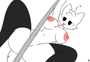 anthro big_breasts black_clothing black_leggings black_legwear black_stocking blush breasts clothing female fur heart_symbol leggings legwear mostly_nude navel nipples nude pink_nipples pole simple_background solo stripper_pole tongue tongue_out white_background white_body white_fur rere_(artist) boy_kisser_(meme) silly_cat_(mauzymice) felid feline mammal hi_res meme