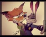 anthro clothing duo female male police police_uniform smile teeth uniform juneduck21 disney zootopia judy_hopps nick_wilde canid canine fox lagomorph leporid mammal rabbit red_fox true_fox