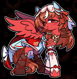 accessory alternate_form alternate_species armwear bow_ribbon brown_hair clothing detached_sleeves dress ear_ribbon female feral feralized frilly frilly_clothing fur furgonomics hair hair_accessory heart_symbol highlights_(coloring) leg_ribbon long_hair looking_at_viewer narrowed_eyes outline ponification red_body red_eyes red_fur ribbons smile solo tail tail_accessory tail_bow tail_ribbon veil white_highlights white_outline wings applejoople cygames hasbro my_little_pony mythology uma_musume_pretty_derby still_in_love_(pretty_derby) equid equine horse mammal mythological_creature mythological_equine pegasus pony 2025 cel_shading full-length_portrait hi_res portrait shaded
