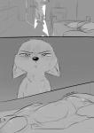 2018 absurd_res anthro barefoot bed bedding blanket canid canine clothing comic coveralls disney duo english_text feet female fox furniture greyscale hi_res inside ittybittykittytittys lying male mammal monochrome nick_wilde on_bed on_side red_fox skye_(zootopia) sleeping sound_effects text true_fox under_covers undressing zootopia