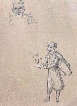 anthro boots clothed clothed_anthro clothed_male clothing duo ears_down ears_up eyebrows footwear fur holding_object holding_plate holding_tool holding_utensil horn kitchen_utensils looking_at_viewer looking_forward male male/male open_mouth pivoted_ears plate robe shoes teeth teeth_showing tongue tongue_out tools wool_(fur) reynard_goodfellow reynard_the_baa bovid canid canine canis caprine mammal sheep wolf monochrome