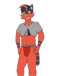 anthro anthrofied clothed clothing crop_top jockstrap looking_at_viewer male midriff navel pantsless pokemorph shirt simple_background solo t-shirt topwear underwear white_background fuze nintendo pokemon lucas_(fuze) generation_7_pokemon pokemon_(species) torracat 2018 hi_res portrait three-quarter_portrait