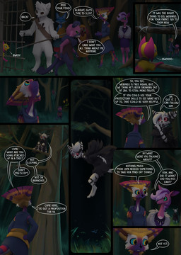 ambiguous_gender animal_genitalia anthro balls blue_sclera casual_nudity clothed clothed/nude clothing dialogue digitigrade falling fully_sheathed fur genitals green_eyes group hair hair_over_eye holding_melee_weapon holding_object holding_polearm holding_spear holding_weapon leash male melee_weapon multicolored_body multicolored_fur night nude outside paws pink_body pink_eyes pink_fur plant polearm purple_body purple_fur sash_only sheath spear speech_bubble striped_body striped_fur stripes text tree weapon white_body white_fur yellow_eyes trigaroo lopa_(trigaroo) ploki_(trigaroo) pollon_(trigaroo) runia_(trigaroo) webings_(trigaroo) ambient_arthropod ambient_insect posean unknown_species 2025 colored comic digital_media_(artwork) digital_painting_(artwork) english_text hi_res painting_(artwork) shaded
