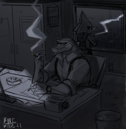 5_fingers anthro ashtray cabinet chair cigarette cigarette_in_mouth cigarette_smoke clock clothing collared_shirt desk dress_shirt duo fingers formal_wear furniture half-closed_eyes horn lamp male narrowed_eyes night object_in_mouth office paper shirt size_difference skinny smoke smoking suspenders table topwear trash_can watch wristwatch banewade sega sonic_the_hedgehog_(series) espio_the_chameleon vector_the_crocodile alligator alligatorid chameleon crocodile crocodilian lizard reptile scalie hi_res monochrome