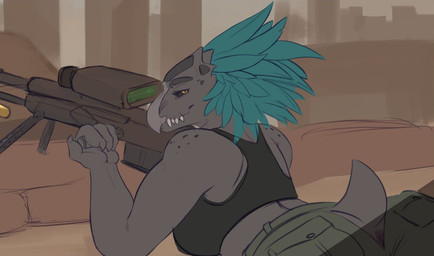4_fingers anthro anus arm_feathers beak black_sclera bottomwear cargo casing city city_background clothing feather_hair feathered_crest feathers female fingers green_body green_feathers grey_body grey_scales gun head_crest holding_gun holding_object holding_ranged_weapon holding_weapon lying on_front pants pseudo_hair ranged_weapon rifle scales shirt short_tail sniper_rifle solo tail tank_top topwear weapon yellow_eyes ardail halo_(series) microsoft xbox_game_studios alien avian kig-yar scalie t'vaoan colored flat_colors source_request unfinished