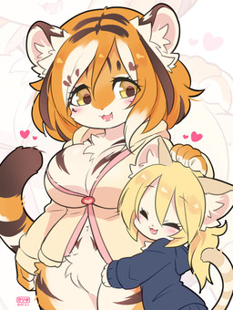 alternate_species anthro blonde_hair blowup_background bottomless clothed clothing countershading crossgender crotch_tuft duo eyes_closed female female/female fur furrification hair headpat heart_symbol hoodie hug kemono markings mtf_crossgender naturally_censored orange_body orange_fur orange_hair petting simple_background striped_body striped_fur striped_hair striped_markings striped_tail stripes sweater tail tail_markings topwear tuft white_body white_fur yellow_body yellow_eyes yellow_fur giraffe_(artist) lam-chan lily_(giraffe) domestic_cat felid feline felis mammal pantherine tiger 2025 hi_res