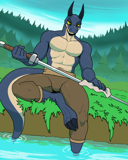 2_horns 5_fingers anthro blue_body bottomwear brown_eyes claws cleaning cleaning_weapon cloth clothed clothing countershade_torso countershading fingers head_horn holding_cloth holding_melee_weapon holding_object holding_sword holding_weapon horn male melee_weapon muscular muscular_anthro muscular_male outside over_edge pants partially_submerged partially_submerged_foot pecs sitting sitting_on_ground solo sword tail toe_claws topless topless_anthro topless_male water weapon yellow_sclera 60percentscalie mythology koba_(60percentscalie) dragon mythological_creature mythological_scalie scalie wingless_dragon 4:5 digital_media_(artwork) hi_res