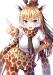 blonde_hair blush bottomwear breasts clothed clothing female gesture grey_eyes hair hand_gesture horn necktie open_mouth ossicone pointing shirt simple_background skirt solo topwear white_background white_hair akasiosio kemono_friends reticulated_giraffe_(kemono_friends) animal_humanoid giraffe_humanoid giraffid giraffid_humanoid humanoid mammal mammal_humanoid 2017 hi_res