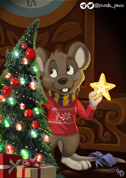 anthro black_nose bottomless brown_body brown_fur christmas_tree clothed clothing featureless_crotch front_view fur glistening glistening_eyes head_tuft holding_star holidays inside male open_mouth open_smile plant red_clothing red_sweater red_topwear smile solo standing sweater teeth topwear tree tuft young young_anthro young_male pandapaco christmas mammal mouse murid murine rodent hi_res