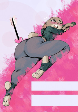 anthro arrow_(weapon) arrow_in_butt big_butt blush bottomwear butt clothing cupid's_arrow feet female heart_symbol lying on_front open_mouth ranged_weapon scut_tail short_tail solo sweatshirt tail thick_thighs tight_bottomwear tight_clothing weapon wide_hips redandblacktac disney zootopia judy_hopps european_rabbit lagomorph leporid mammal oryctolagus rabbit 2026 hi_res