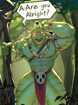 abs anthro asking_if_okay barazoku biceps big_muscles big_pecs bone bone_mask clothing concern_for_another forest gold_(metal) gold_jewelry green_body huge_pecs jewelry jungle male mask muscular muscular_anthro muscular_male outside pecs plant skull skull_mask solo staff tail talking_to_viewer text thick_thighs tree worried worried_for_other medsboyo terraria witch_doctor_(terraria) lihzahrd lizard reptile scalie english_text hi_res