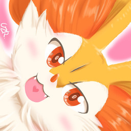 :3 ambiguous_form ambiguous_gender blush cheek_tuft cute_fangs facial_tuft fangs front_view fur head_tilt heart_in_mouth inner_ear_fluff looking_at_viewer multicolored_body multicolored_fur open_:3 open_mouth open_smile orange_body orange_fur orange_inner_ear_fluff orange_nose outline pink_background red_eyes simple_background smile solo teeth tongue tuft white_body white_fur yellow_body yellow_fur quail_00n0 nintendo pokemon braixen canid generation_6_pokemon mammal pokemon_(species) 1:1 2021 colored digital_media_(artwork) digital_painting_(artwork) headshot_portrait hi_res painting_(artwork) portrait shaded signature