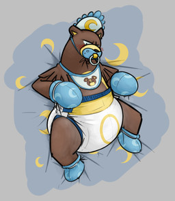 ambiguous_gender baby_bonnet bedding big_diaper blanket bonnet booties clothing diaper feral handwear headgear headwear looking_down lying mittens object_in_mouth on_back pacifier pacifier_in_mouth solo spread_legs spreading ire-k nintendo pokemon generation_2_pokemon pokemon_(species) ursaring