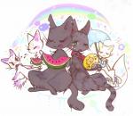 anthro blush bodily_fluids collar eating food fruit green_eyes group hand_fan licking licking_lips melon plant rainbow rainbow_arch self_lick simple_background spitting sweat tongue tongue_out uchiwa_fan umbrella watermelon watermelon_slice white_background robbi_(artist) domestic_cat felid feline felis mammal pastel_theme