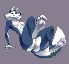 4_toes anthro anus areola breasts clitoral_hood clitoris feet female fingers fur genitals half-closed_eyes hindpaw looking_at_viewer narrowed_eyes nipples nude paws simple_background smile soles solo tail toes vulva white_body white_fur yellow_eyes taka_studio illumination_entertainment sing_(movie) porsha_crystal canid canine canis mammal wolf digital_media_(artwork) hi_res signature