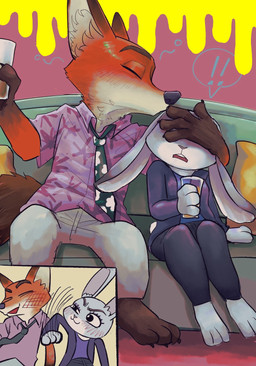 aloha_shirt anthro blush blush_lines clothing container covering covering_eyes covering_face cup duo elbowing female female_anthro floppy_ears furniture hand_on_another's_head holding_container holding_cup holding_object jacket kissing_head lop_ears male male/female male_anthro necktie on_sofa pattern_clothing pattern_shirt pattern_topwear playful romantic romantic_couple shirt sitting sitting_on_sofa sofa topwear shimo_mi_0503 disney zootopia judy_hopps nick_wilde canid canine european_rabbit fox lagomorph leporid mammal oryctolagus rabbit red_fox true_fox digital_media_(artwork) hi_res