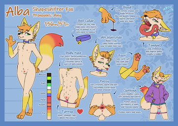 3_toes 4_fingers andromorph anthro bell bell_collar blep blood blue_border blush bodily_fluids body_blush border close-up clothed clothing collar disembodied_hand fangs feet fingers fur genitals green_eyes hair hoodie humanoid_genitalia inner_ear_fluff intersex leaking_vagina long_tongue multi_nipple multicolored_body multicolored_fur nipples orange_hair panties panties_down partially_clothed pawpads solo spread_vulva spreading tattoo teeth text toes tongue tongue_out topwear tuft underwear underwear_down vulva vulva_blush white_body white_fur conditional_dnp mr.albafox albafox canid canine fox mammal absurd_res english_text hi_res model_sheet