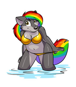 anthro bikini bikini_bottom bikini_top black_nose breasts clothing female fur gold_bikini gold_bikini_bottom gold_bikini_top grey_body grey_fur hair humanoid_hands looking_at_viewer midriff multicolored_hair multicolored_tail navel partially_submerged pulling_bikini_down rainbow_hair rainbow_tail solo standing_in_water swimwear tail two-piece_swimsuit water yellow_eyes cartoonwolf 9_to_9 golden_week ammy_(9_to_9) canid canine canis mammal wolf digital_drawing_(artwork) digital_media_(artwork) english_description