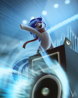 bass_cannon blue_hair computer cutie_mark electronics eyewear female feral fur hair hooves horn laptop open_mouth open_smile raised_arm scarf smile solo speaker sunglasses teeth white_body white_fur rublegun friendship_is_magic hasbro my_little_pony mythology vinyl_scratch_(mlp) equid equine mammal mythological_creature mythological_equine unicorn 2013 hi_res