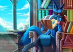 anthro blue_clothing book bookshelf button_(fastener) clothing container crossed_legs cup fingers fluffy furniture gem hand_on_face landscape male reading red_eyes seat sitting solo table tail tea_cup window corbin_(roscy) nintendo pokemon fan_character generation_4_pokemon lucario pokemon_(species) hi_res