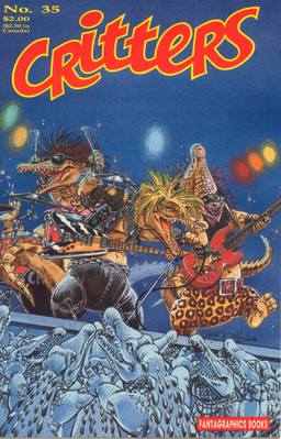 ambiguous_gender anthro belt chain clothing collar concert cord cymbals drum electric_guitar electronics eyewear feral group guitar kerchief leather lock male microphone musical_instrument padlock percussion_instrument playing_guitar playing_music plucked_string_instrument rock_(genre) rocker singing string_instrument studded_belt studded_collar studs sunglasses tail teeth text topwear vest lela_dowling critters_(comic_book) flying_v gibson alligator alligatorid crocodilian reptile scalie 1988 comic cover cover_art cover_page english_text magazine_cover signature