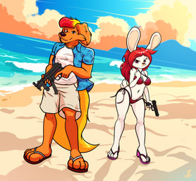 4_toes aloha_shirt anthro beach big_breasts bigtail bikini biped bottomwear breasts brown_eyes cleavage clothed clothed_anthro clothed_female clothed_male clothing duo feet female female_anthro flip_flops footwear fully_clothed fully_clothed_anthro fully_clothed_male fur gun hair handgun holding_gun holding_handgun holding_object holding_pistol holding_ranged_weapon holding_submachine_gun holding_weapon male male_anthro mp5 mp5k orange_body orange_fur pattern_clothing pattern_shirt pattern_topwear pistol purple_eyes ranged_weapon red_hair sandals sea shirt shoes short short_hair shorts small_tail standing submachine_gun swimwear tail thick_thighs toes topwear two-piece_swimsuit water weapon xxkenthewolfxx canid canine lagomorph leporid mammal rabbit 2026 absurd_res hi_res