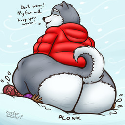 anthro big_butt butt clothing dark_body dark_skin dialogue duo facesitting female human_on_anthro interspecies large_female overweight overweight_female sitting_on_another slightly_chubby slightly_chubby_female snow text trapped_under_butt oystercatcher7 alaskan_malamute canid canine canis domestic_dog human mammal nordic_sled_dog spitz 1:1 english_text hi_res