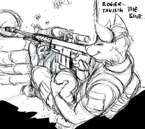 anthro balls bunker duo genitals gun humor male male/male military ranged_weapon rifle sniper_rifle soldier warrior weapon hladilnik tzarvolver nintendo star_fox fox_mccloud wolf_o'donnell canid canine canis fox mammal wolf 2021 hi_res monochrome sketch